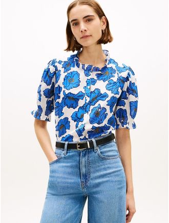 Tommy Hilfiger Womens Ruffle Trim Cotton Voile Shirt - Blue - XS