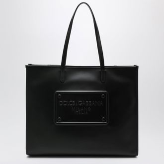 Dolce & Gabbana Calfskin shopping tote with embossed logo plaque in black