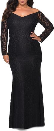 La Femme Lace Off The Shoulder Long Sleeve Plus Dress with Stones in Black at Nordstrom, Size 12W