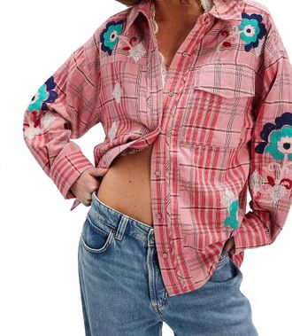Free People Embroidered Sashiko Top In Pink Combo