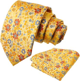 Alizeal Mens Floral Necktie with Pocket Square for Wedding Party Tie and Handkerchief Set, Yellow Orange