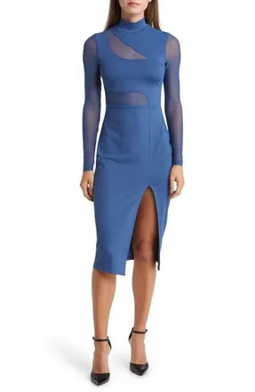 Bebe Mesh Inset Long Sleeve Knit Dress in Navy at Nordstrom, Size Small