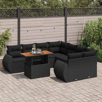 vidaXL Set De Sof&aacute;s De Jard&iacute;n Con Cojines 9 Pzas Rat&aacute;n Sint&eacute;tico Negro Vidaxl