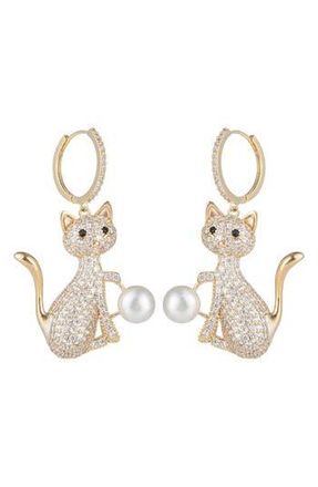 Eye Candy Los Angeles Cubic Zirconia & Faux Pearl Cat Drop Earrings in Gold at Nordstrom Rack