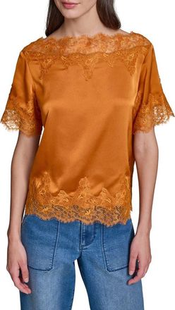 Karl Lagerfeld Lace Detail Satin Top in Sienna at Nordstrom, Size X-Large