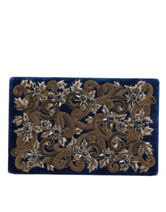 Dolce & Gabbana Blauwe Fluweel Gouden Frame Clutch Avondfeest Handtas Tas