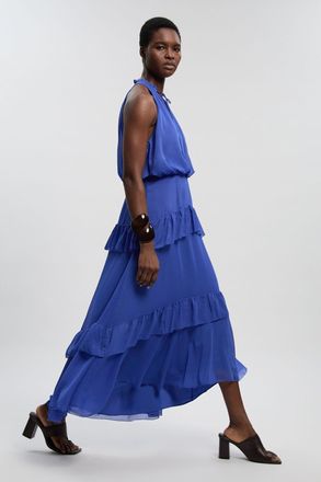 Karen Millen Womens Crinkle Chiffon Halterneck Woven Maxi Dress - Blue - Size 12 UK