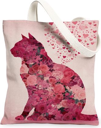 Generic Floral Cat Canvas Tote Bag, Heart Pattern Reusable Grocery Bags, Vintage Chic Lightweight Washable Shoulder Strap Canvas Ba, Peach, 13x15 Inch