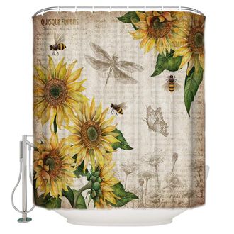 OEM Cortina De Ducha Estilo Granja, Estampado Floral De Girasoles Oto&ntilde;ales, Juego De Cortinas De Ba&ntilde;o De Tela Con Vetas De Madera De Granero R&uacute;stico
