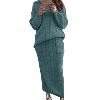 Generic Womens Two-Piece Elegant Autumn Festive 2-Piece Skirt and Top Elegant Party Outfit Round Neck Long Sleeve Knitted Jumper Stretch Slim Midi Skirt Loose