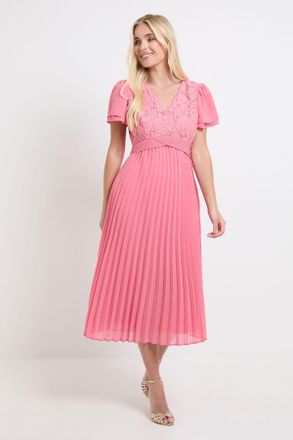 Wallis Womens Petite Lace Pleat Detail Midi Dress - Pink Polyamide - Size 14 UK