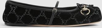 Gucci Womens GG Crystal Gucci Horsebit Ballet Flat, Black, Velvet