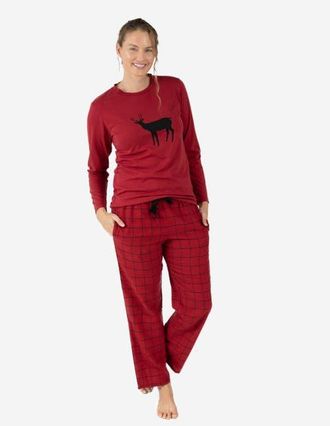 Leveret Womens Cotton Top & Flannel Pants Printed Holiday Pajama Set in Reindeer White at Nordstrom, Size Xx-Large