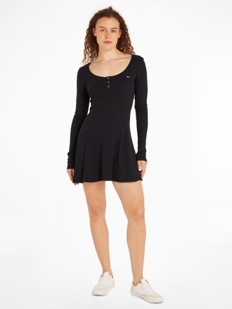 Tommy Jeans Blusenkleid TOMMY JEANS TJW HENLEY FLARE DRESS, Damen, Gr. M (38), N-Gr, schwarz, Jersey, Obermaterial: 96% Baumwolle, 4% Elasthan, unifarben, regular