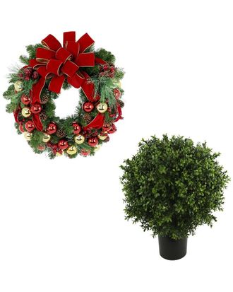Creative Displays Inc. Modern Holiday Set With 26In Christmas Wreath & Uv-Rated Boxwood Drop-In