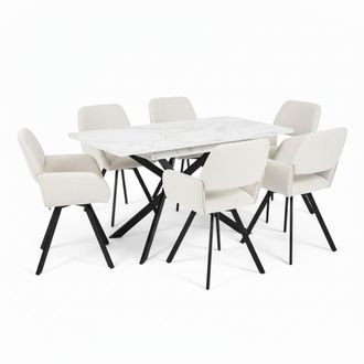 Urban Meuble Mesa de comedor efecto m&aacute;rmol blanco con 6 sillas de tela beige
