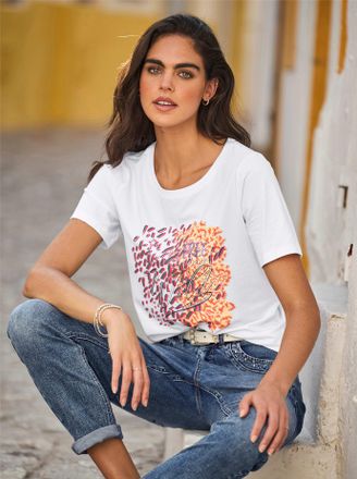 Heine Kurzarmshirt HEINE Shirt, Damen, Gr. 40, weiss (wei&szlig;), 95% Baumwolle, 5% Elasthan, bedruckt, gemustert, mehrfarbig, Rundhals, Shirts Kurzarmshirt