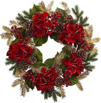 Nearly Natural 24in. Hydrangea Pine Wreath