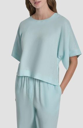 DKNY Drop Shoulder Boxy Linen Top in Aqua at Nordstrom, Size X-Small