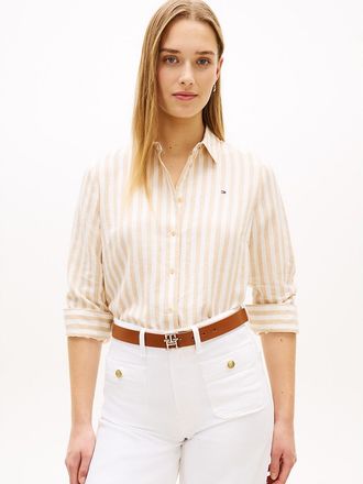 Tommy Hilfiger Womens Relaxed Fit Stripe Linen-Blend Shirt - Beige - XXL