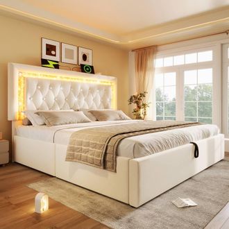 Merax LED Velvet Hydraulic Storage Bed with Adjustable Headboard in Beige | Size: King
