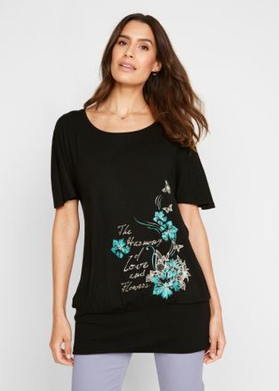 Bonprix T-Shirt BONPRIX Shirt mit U-Boot Ausschnitt, Halbarm, Damen, Gr. 48/50 (XL), schwarz (schwarz floral), Obermaterial: 95% Viskose, 5% Elasthan, bequem,