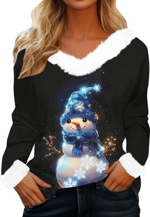 Generic Womens Christmas V-Neck Jumper with Fuzzy Trim - Long Sleeve Santa Wine Glass Print Pullover, Festive Reindeer & Fairy Lights Graphic Sweater, Soft Co