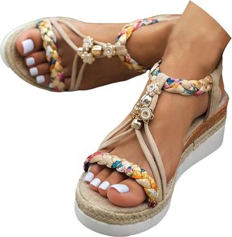 Generic Wide Width Wedge Sandals For Women,2026 Open Toe Jeweled Beaded Platform Sandals for Women Summer Dressy Strap Walking Shoes Vintage Non Slip Casual S