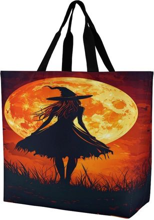 Generic Witch in Moon Large Reusable Shopping Bag Lightweight Foldable Tote Bags Washable Shoulder Handbag