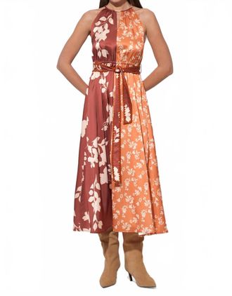 Adelyn Rae Sandi Two Toned Halter Midi Dress In Marigold/brown