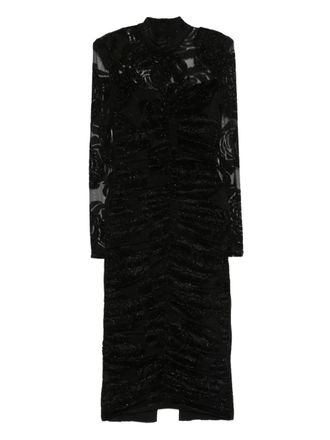 Nissa rose-print gathered midi dress - women - Polyester/Spandex/Elastane/Polyamide - 38 - Black