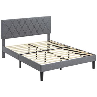 HOMCOM Bed Frame with 5-Level Adjustable Linen Headboard - Double | TJ Hughes Grey