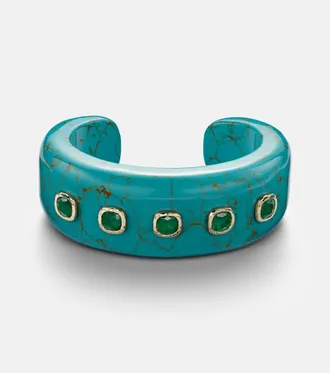Octavia Elizabeth 18kt gold and turquoise cuff bracelet with emeralds