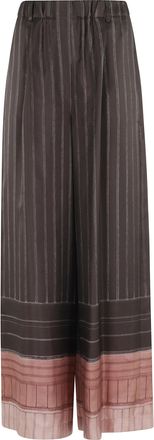 Alysi Brown Pinstripe Elastic-Band Silk Wide-Leg Pants