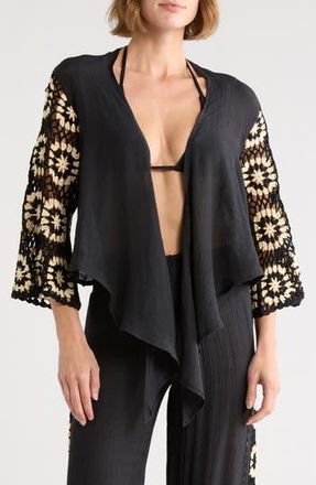 Elan Crochet Long Sleeve Tie Front Cover-Up Top in Black/White Combo at Nordstrom Rack, Size X-Large