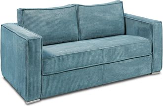 Vente-Unique Sof&aacute; cama de 3 plazas con apertura italiana de pana turquesa - Somier de l&aacute;minas anchas de 140 cm - Colch&oacute;n viscoel&aacute;stico de 22 cm LORETO