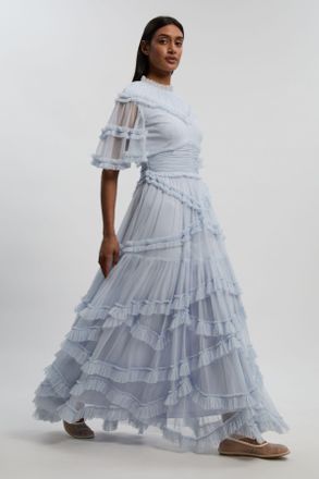 Karen Millen Womens Tulle Ruffle Detail Woven Maxi Dress - Blue - Size 12 UK