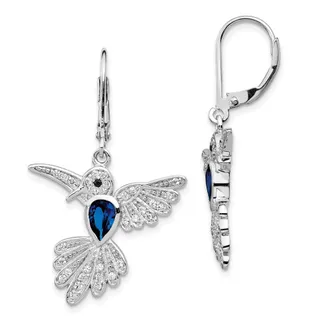 Diamond2Deal Sterling Silver Rhodium-plated Lab Created Dark Blue Spinel and CZ Hummingbird Drop Dangle Earrings