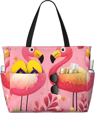 Generic Pink Flamingo Print Large Beach Bag Foldable Travel Shoulder Tote Bag With Pocket For Weekender Pool Vacation