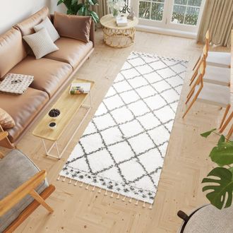 Tapiso Alfombra de pie de cama shaggy de polipropileno en crema 100x300 cm