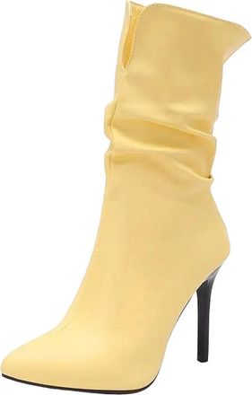 Generic Womens Sexy Mid Calf Boots Pointed Toe Super High Thin Heel Back Zipper With Pleated Detail For Party Dating