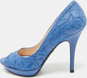 Versace Blue Embroidered Leather Peep Toe Platform Pumps