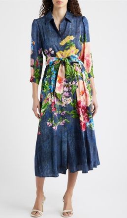 Elie Tahari The Johanna Floral & Denim Print Dress in Denim Garden Print at Nordstrom, Size 14