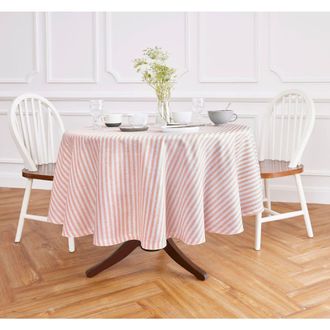 Solino Home Linen Round Tablecloth - Amalfi Stripe in Coral And White at Nordstrom, Size Medium