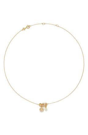 Tory Burch Miller Pav&eacute; Pendant Charm Necklace in Tory Gold /Crystal /Pearl at Nordstrom