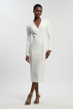 Karen Millen Womens Figure Form Bandage Asymmetric Zip Detail Midi Dress - White - Size 14 UK