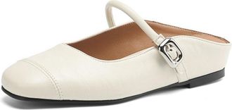 Generic Women Mary Jane Mules Square Toe Flat Heel Adjustable Strap Metal Buckle Stitched Vamp Open Back Slip On Comfortable Daily Dress Shoes,White,5.5 UK