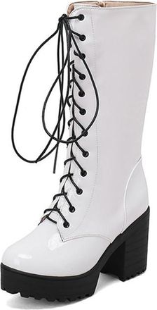 Generic Womens Lace Up Mid Claf Riding Boots Chunky Platform Round Toe Punk Shoes with Side Zipper (White,5.5)