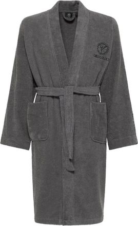 Carlo Colucci Nachtkleding, Heren, Grijs, M, Katoen, Kimono Stijl Geborduurde Badjas