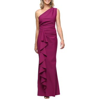 Alex Evenings One-Shoulder Cascade Ruffle Contour Gown in Passion at Nordstrom, Size 14